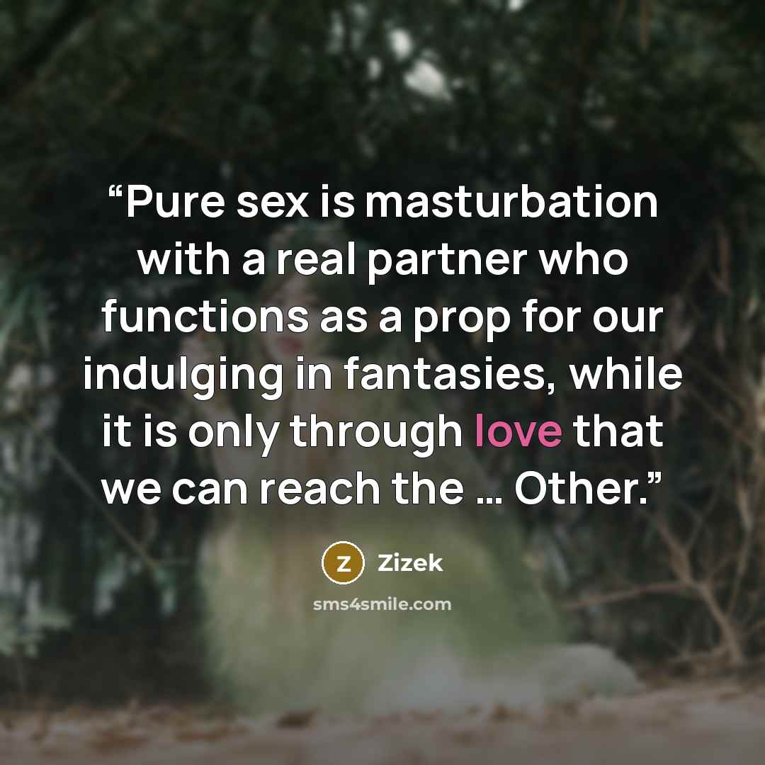 “Pure sex is masturbation with a real partner who functions as a prop for our indulging in fantasies, while it is only through love that we can reach the … Other.” quote by Zizek