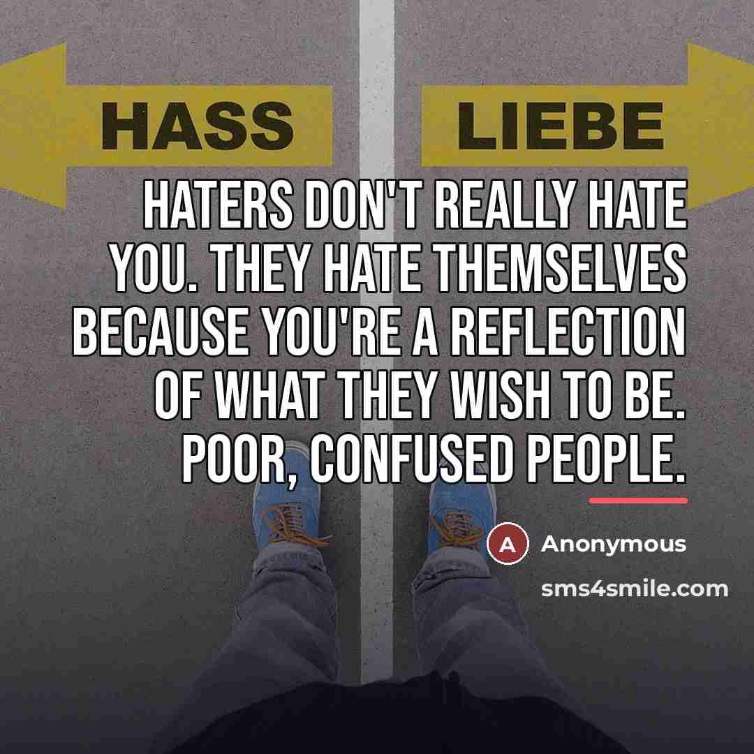 “Haters don't really hate you. They hate themselves because you're…” quote by Anonymous