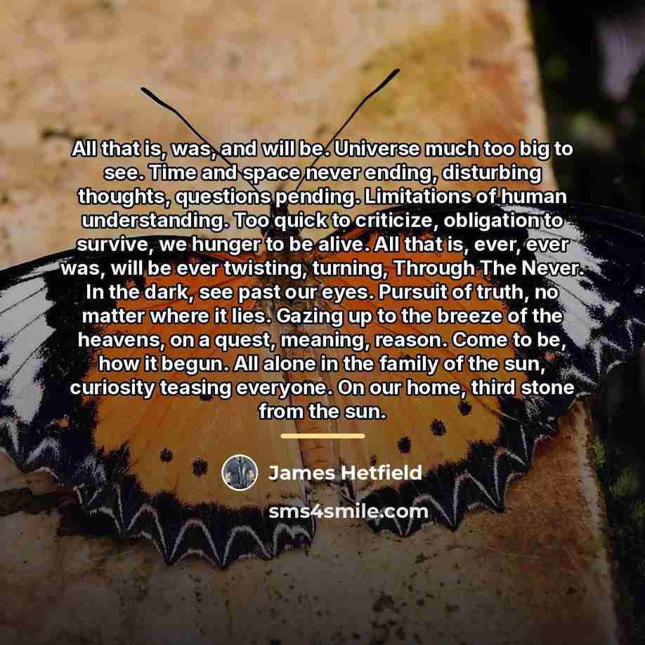 “All that is, was, and will be. Universe much too…” quote by James Hetfield