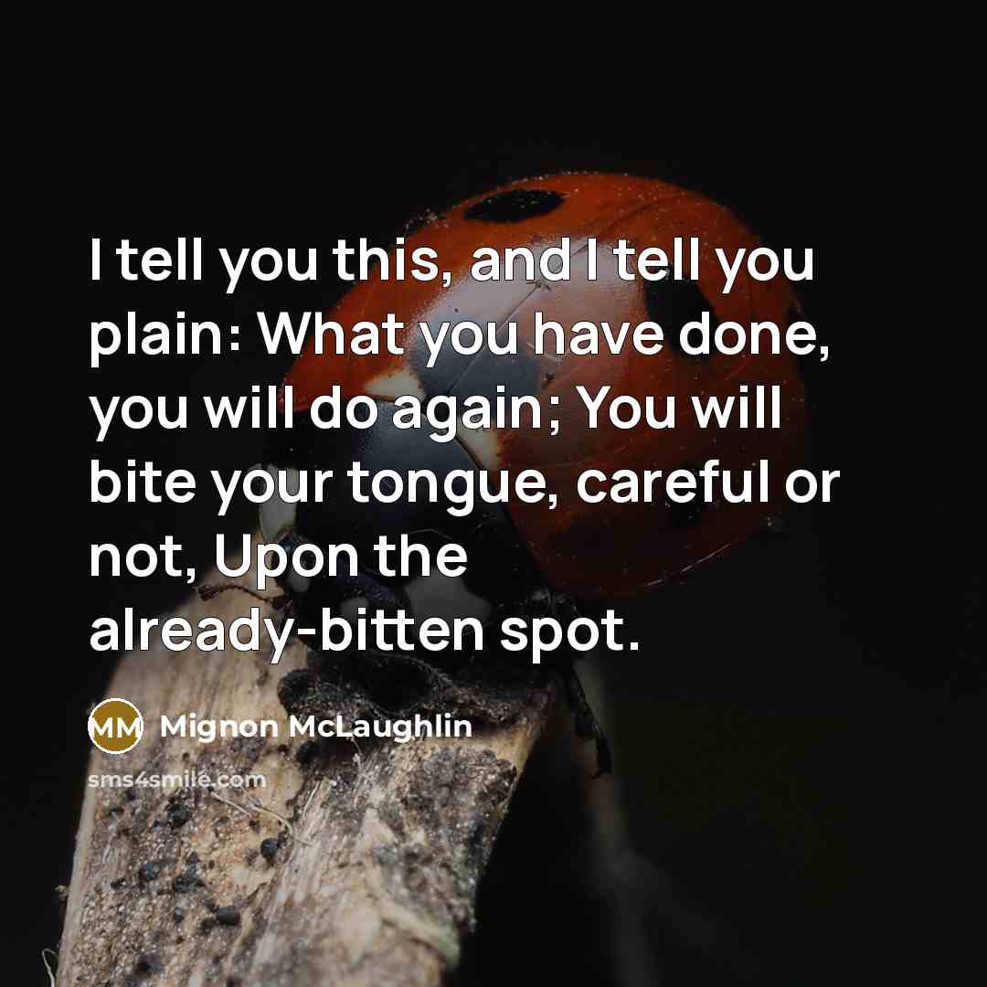 “I tell you this, and I tell you plain: What you have done, you will do again; You will bite your tongue, careful or not, Upon the already-bitten spot.” quote by Mignon McLaughlin