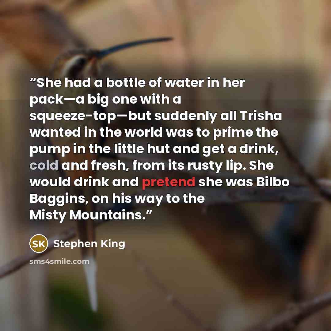 “She had a bottle of water in her pack—a big one with a squeeze-top—but suddenly all Trisha wanted in the world was to prime the pump in the little hut and get a drink, cold and fresh, from its rusty lip. She would drink and pretend she was Bilbo Baggins, on his way to the Misty Mountains.” quote by Stephen King