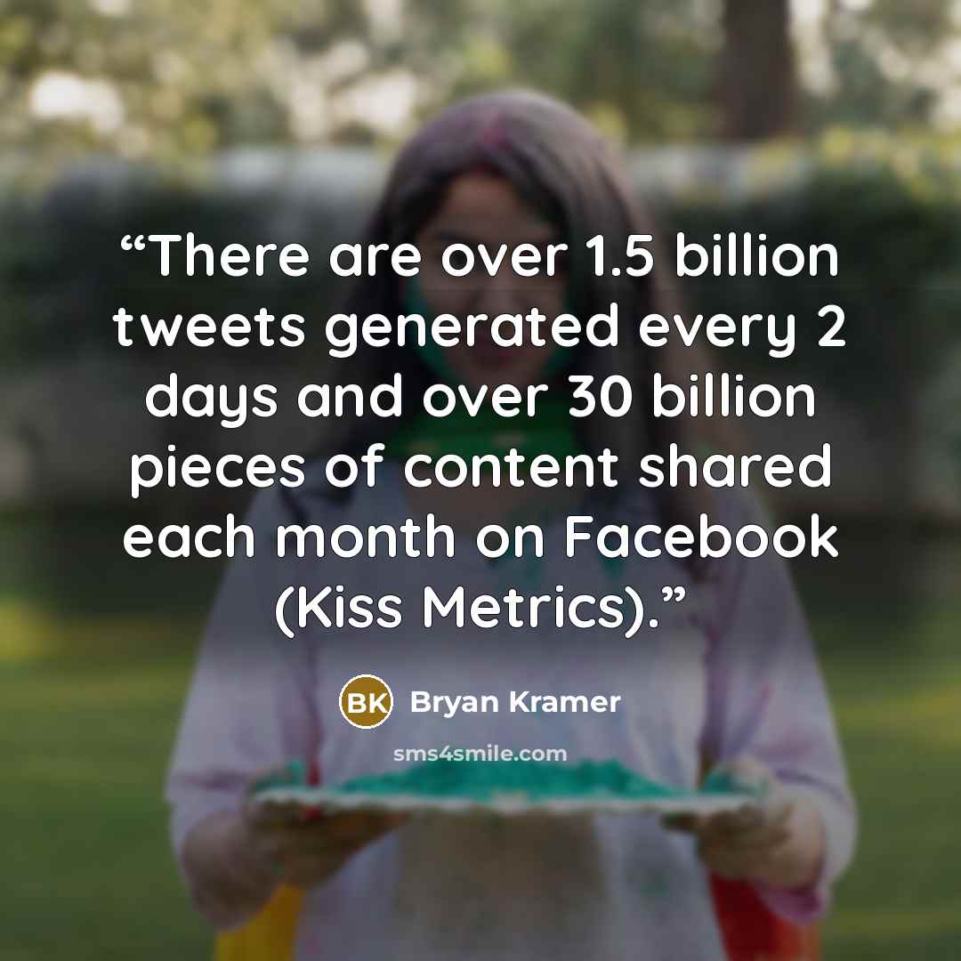“There are over 1.5 billion tweets generated every 2 days and over 30 billion pieces of content shared each month on Facebook (Kiss Metrics).” quote by Bryan Kramer