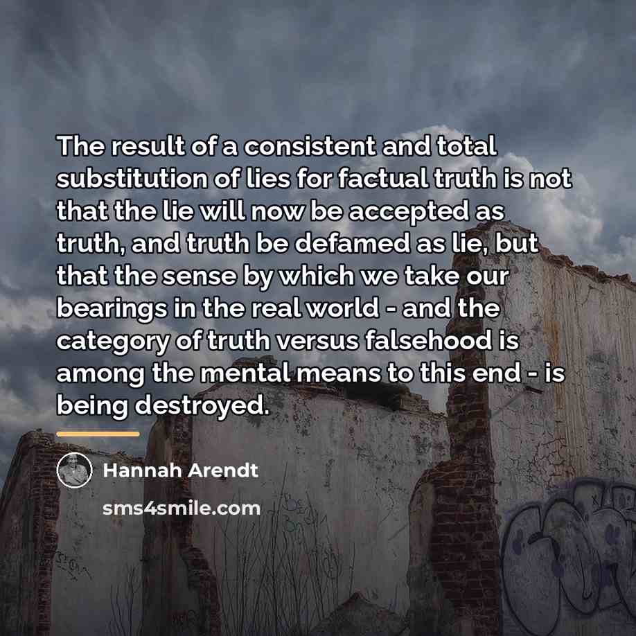 “The result of a consistent and total substitution of lies…” quote by Hannah Arendt