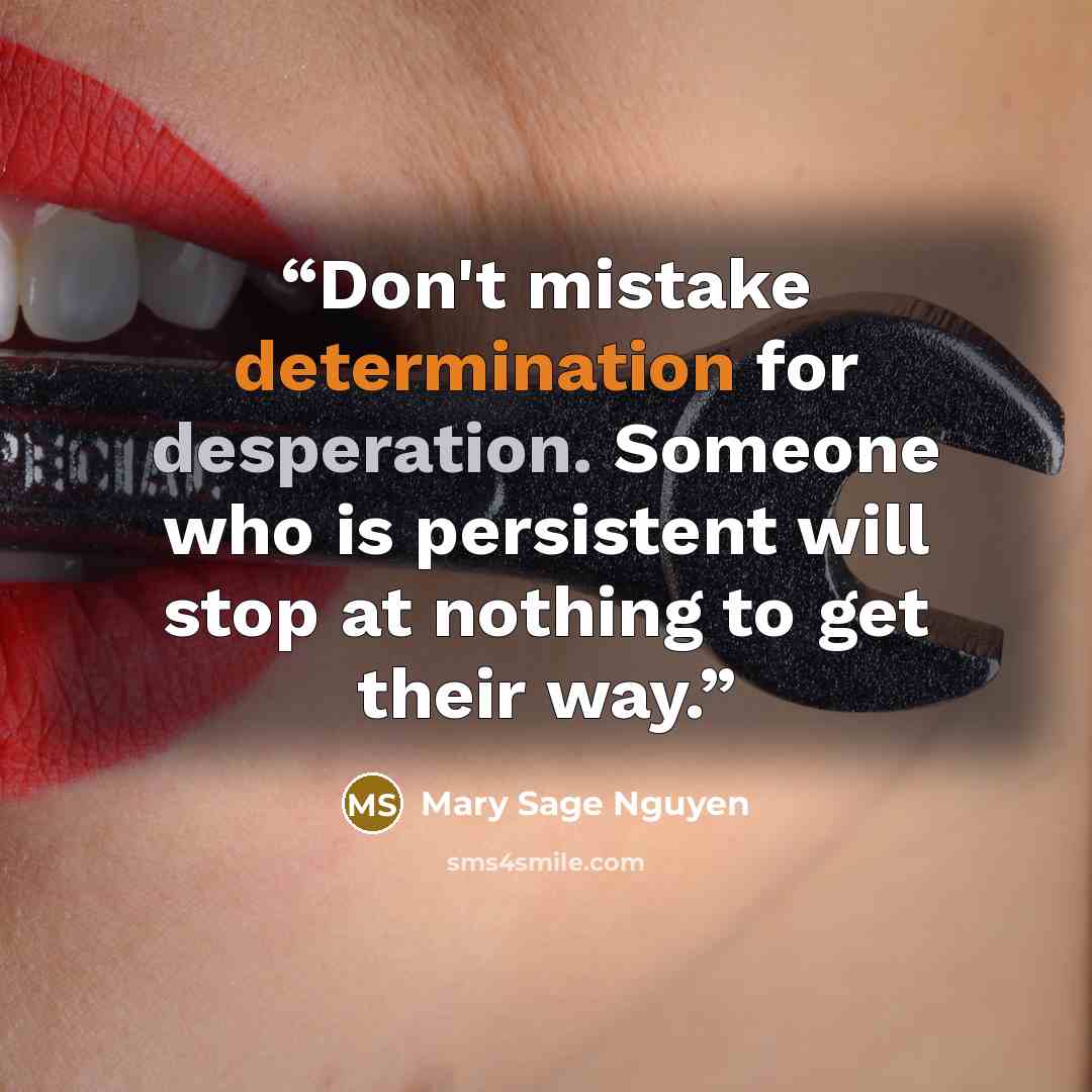 “Don't mistake determination for desperation. Someone who is persistent will stop at nothing to get their way.” quote by Mary Sage Nguyen