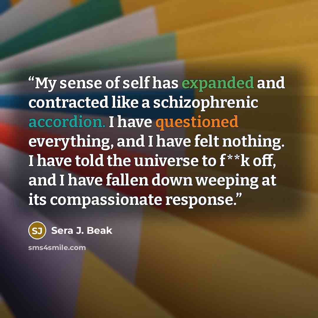 “My sense of self has expanded and contracted like a schizophrenic accordion. I have questioned everything, and I have felt nothing. I have told the universe to f**k off, and I have fallen down weeping at its compassionate response.” quote by Sera J. Beak