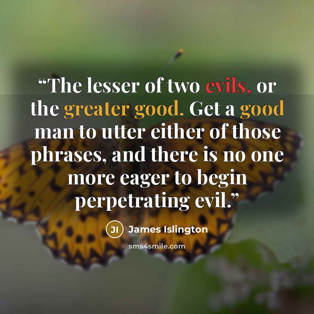 “The lesser of two evils, or the greater good. Get a good man to utter either of those phrases, and there is no one more eager to begin perpetrating evil.” quote by James Islington
