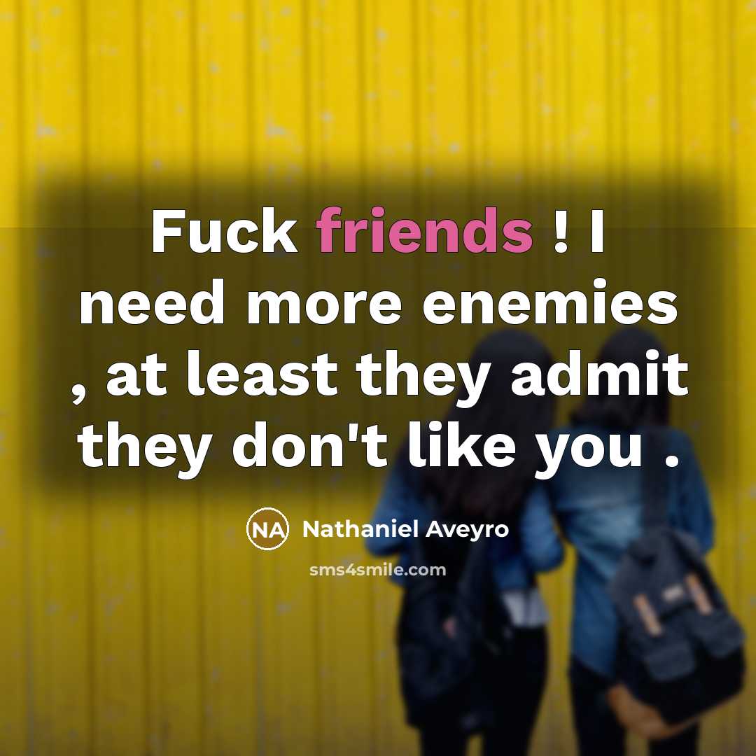 “Fuck friends ! I need more enemies , at least they admit they don't like you .” quote by Nathaniel Aveyro