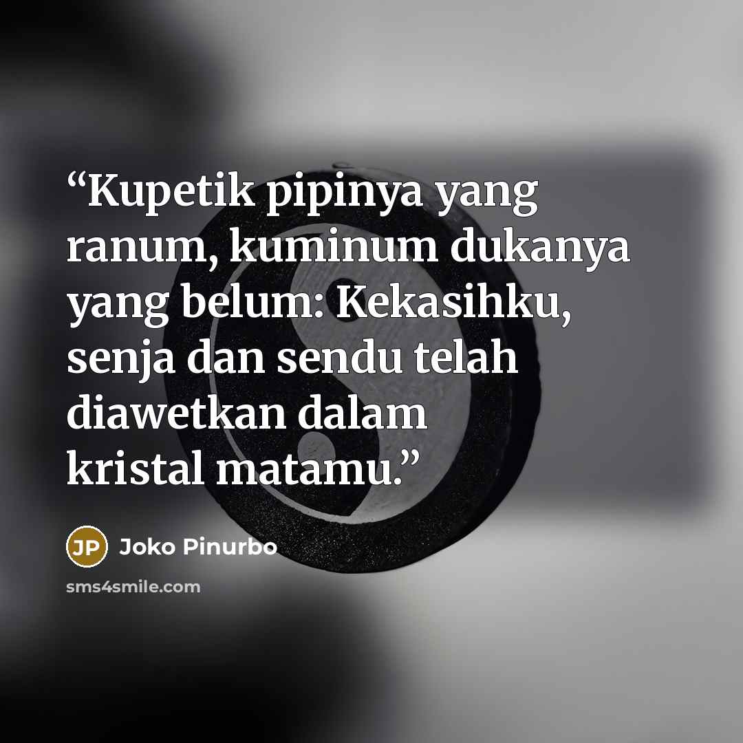 “Kupetik pipinya yang ranum, kuminum dukanya yang belum: Kekasihku, senja dan sendu telah diawetkan dalam kristal matamu.” quote by Joko Pinurbo