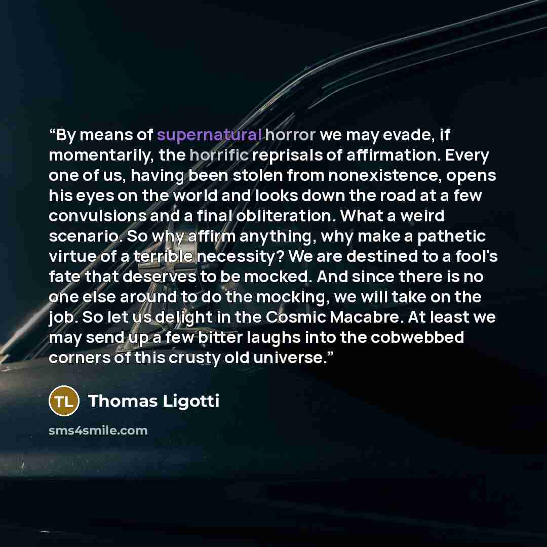 “By means of supernatural horror we may evade, if momentarily, the horrific reprisals of affirmation. Every one of us, having been stolen from nonexistence, opens his eyes on the world and looks down the road at a few convulsions and a final obliteration. What a weird scenario. So why affirm…” quote by Thomas Ligotti