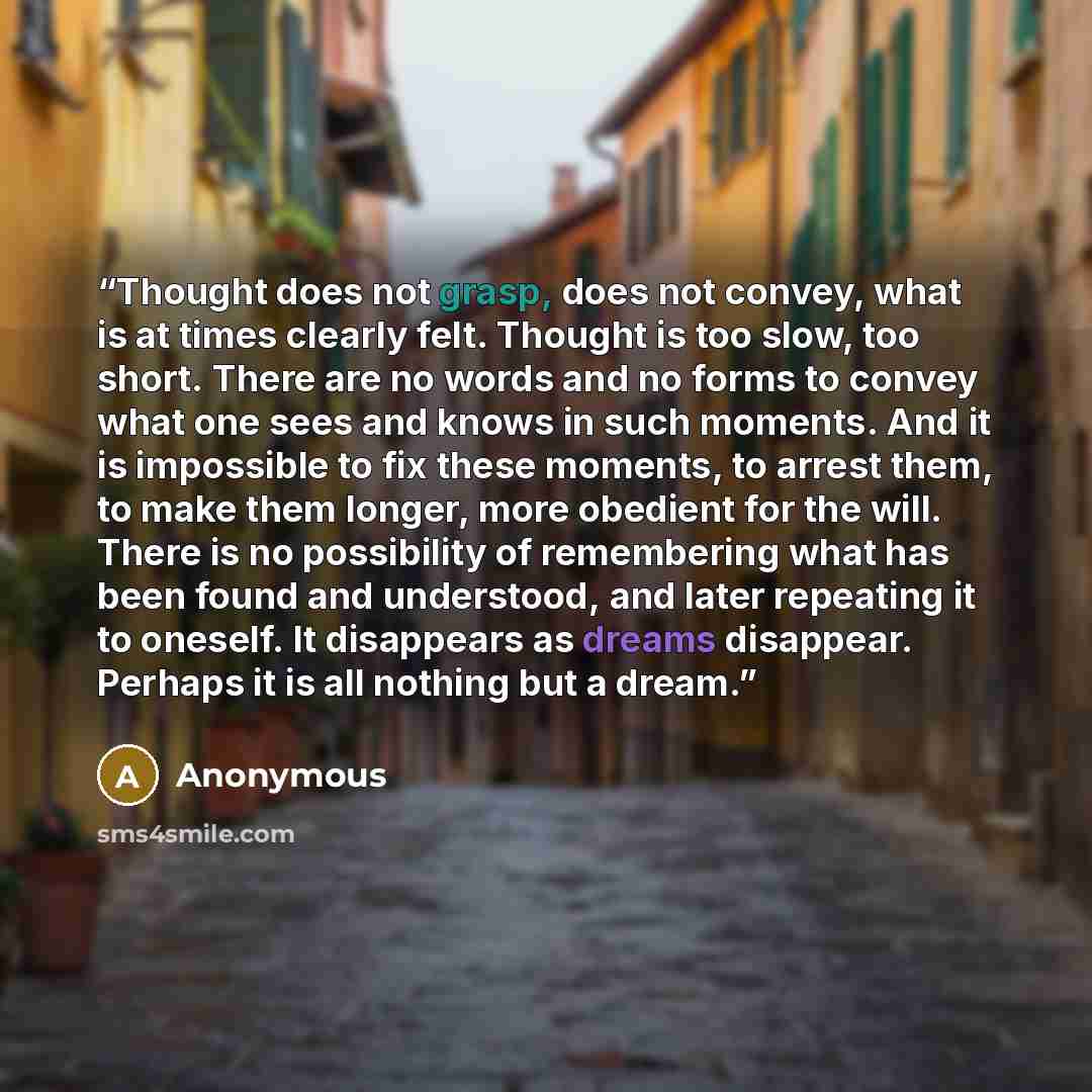 “Thought does not grasp, does not convey, what is at times clearly felt. Thought is too slow, too short. There are no words and no forms to convey what one sees and knows in such moments. And it is impossible to fix these moments, to arrest them, to make them longer, more obedient for the will…” quote by Anonymous