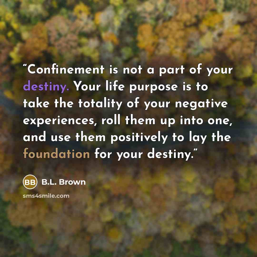 “Confinement is not a part of your destiny. Your life purpose is to take the totality of your negative experiences, roll them up into one, and use them positively to lay the foundation for your destiny.” quote by B.L. Brown