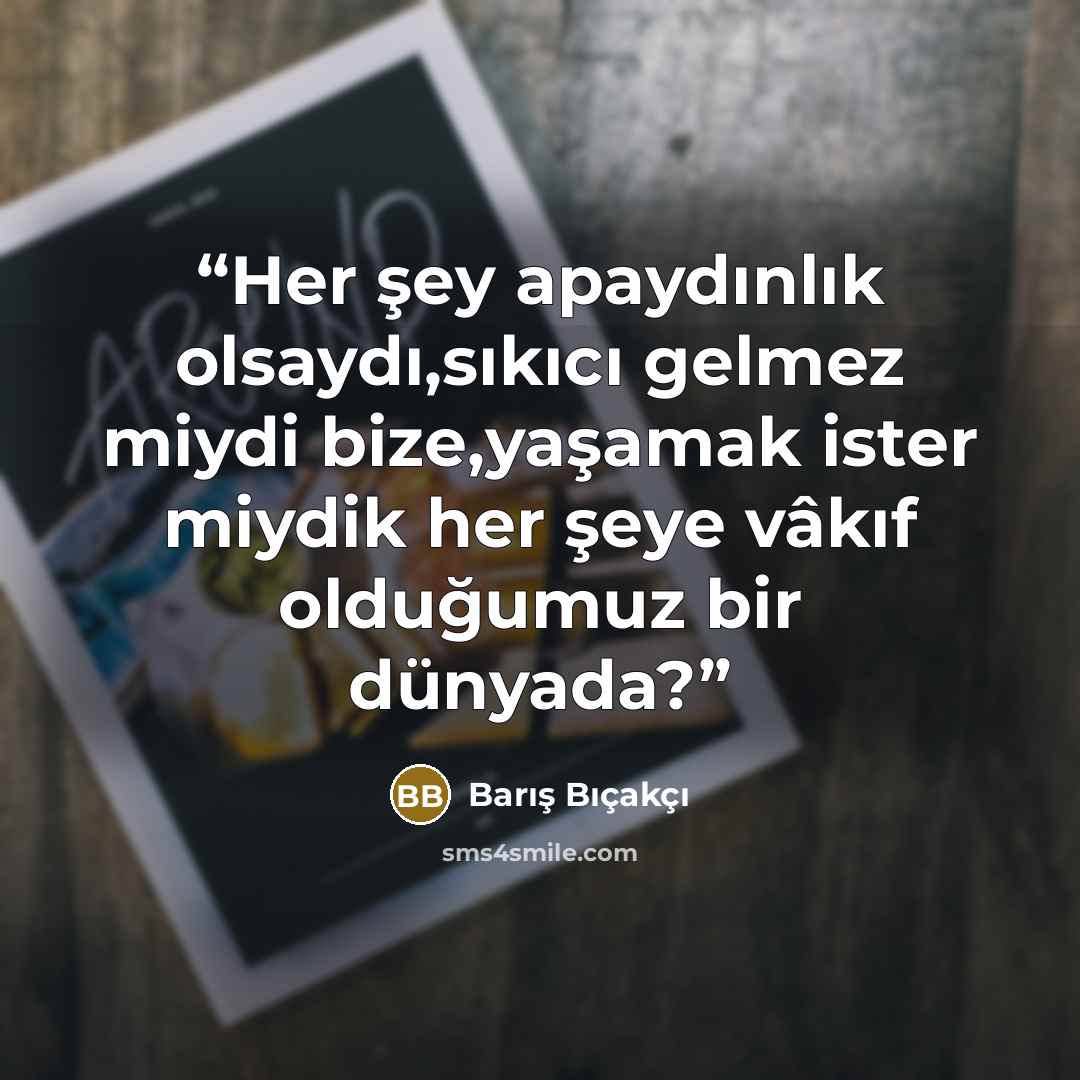 “Her şey apaydınlık olsaydı,sıkıcı gelmez miydi bize,yaşamak ister miydik her şeye vâkıf olduğumuz bir dünyada?” quote by Barış Bıçakçı