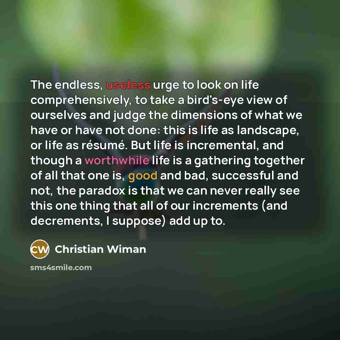 “The endless, useless urge to look on life comprehensively, to…” quote by Christian Wiman