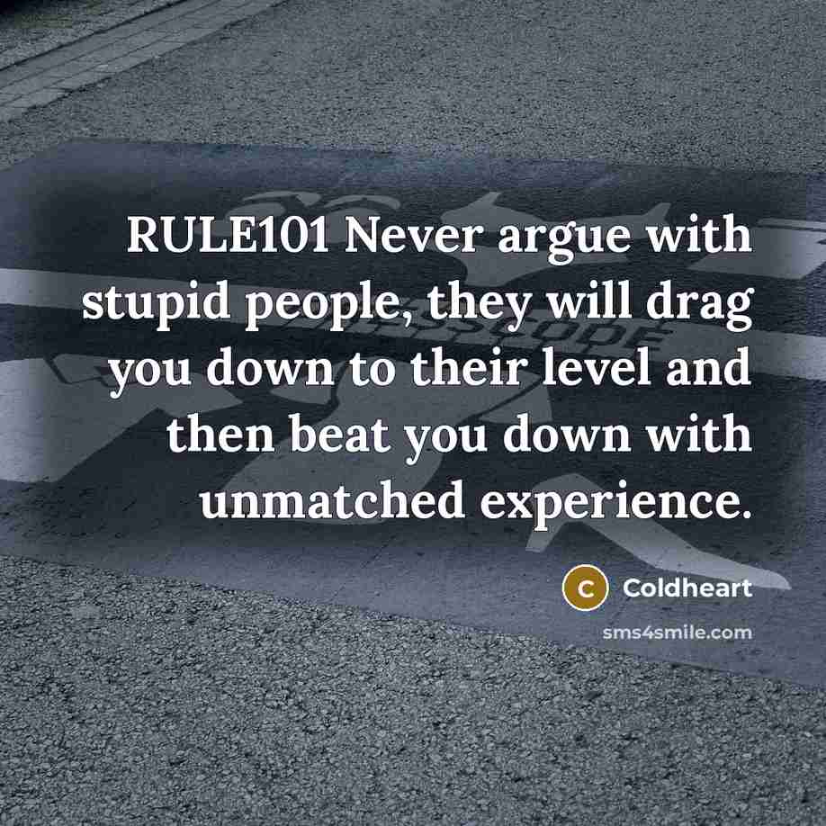 “RULE101 Never argue with stupid people, they will drag you down to their level and then beat you down with unmatched experience.” quote by Coldheart