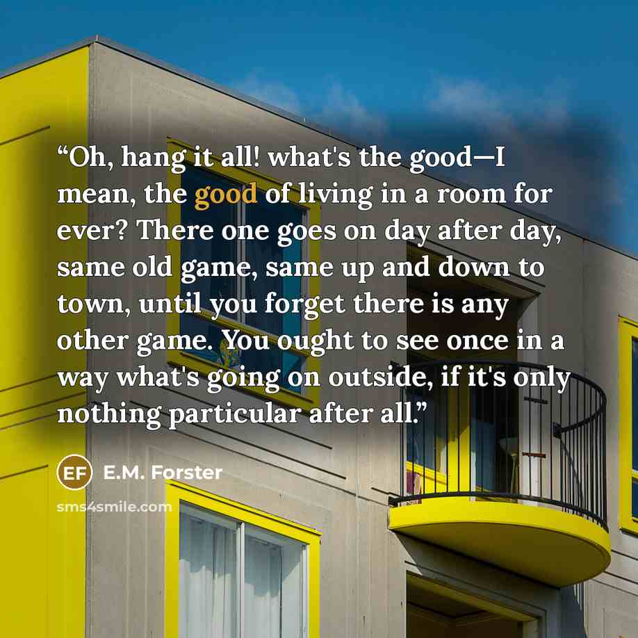“Oh, hang it all! what's the good—I mean, the good of living in a room for ever? There one goes on day after day, same old game, same up and down to town, until you forget there is any other game. You ought to see once in a way what's going on outside, if it's only nothing particular after all.” quote by E.M. Forster