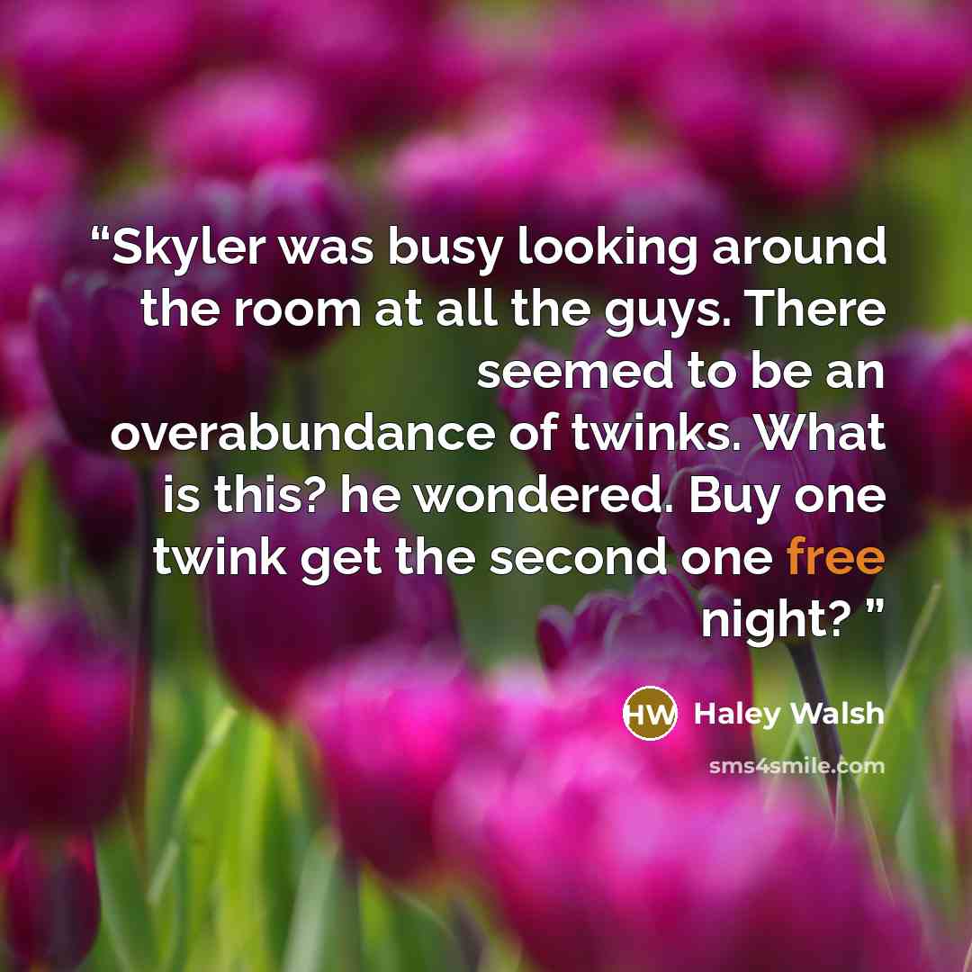 “Skyler was busy looking around the room at all the guys. There seemed to be an overabundance of twinks. What is this? he wondered. Buy one twink get the second one free night?” quote by Haley Walsh