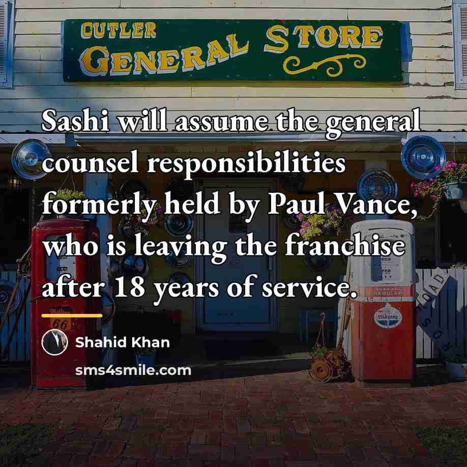 “Sashi will assume the general counsel responsibilities formerly held by…” quote by Shahid Khan