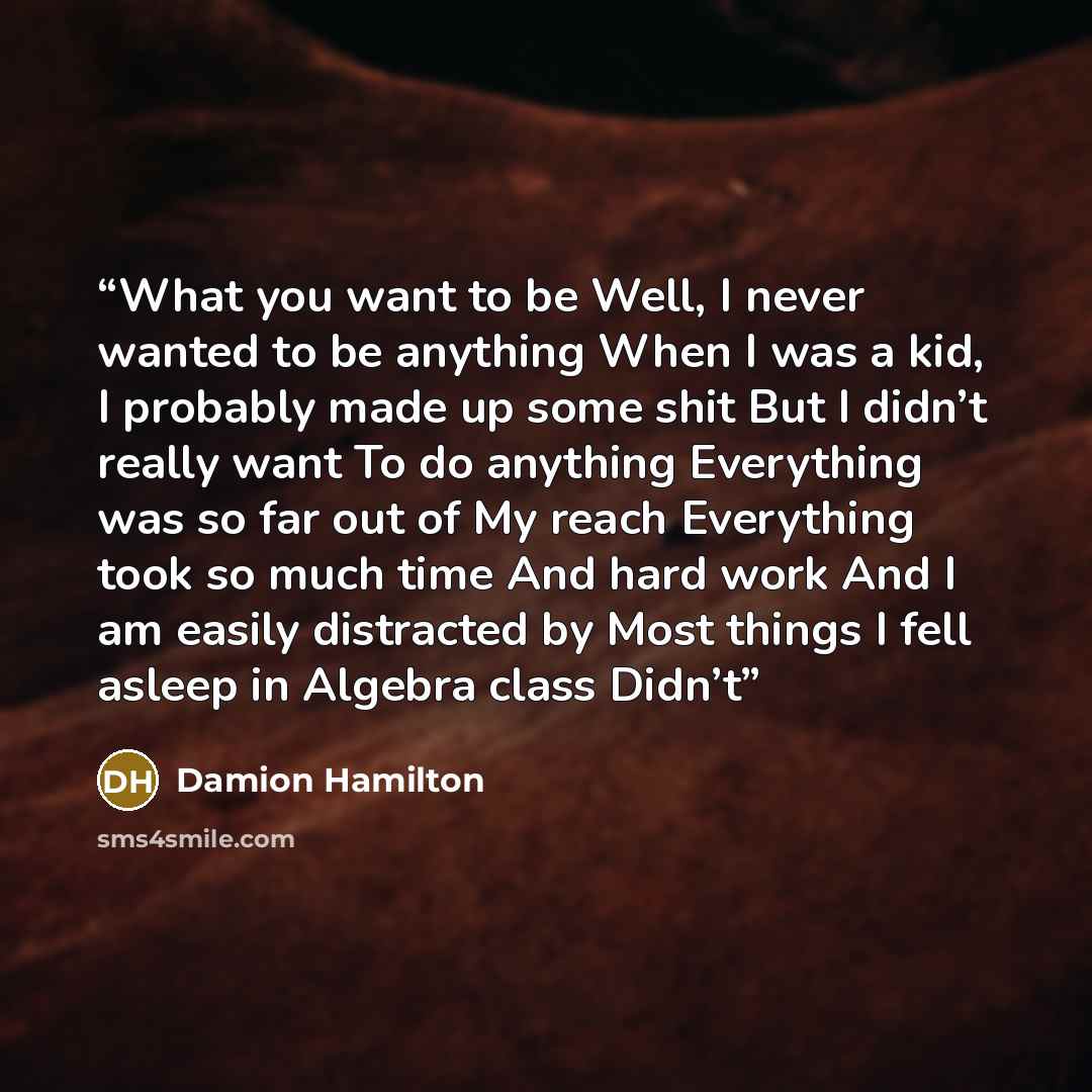 “What you want to be Well, I never wanted to be anything When I was a kid, I probably made up some shit But I didn’t really want To do anything Everything was so far out of My reach Everything took so much time And hard work And I am easily distracted by Most things I fell asleep in Algebra class…” quote by Damion Hamilton