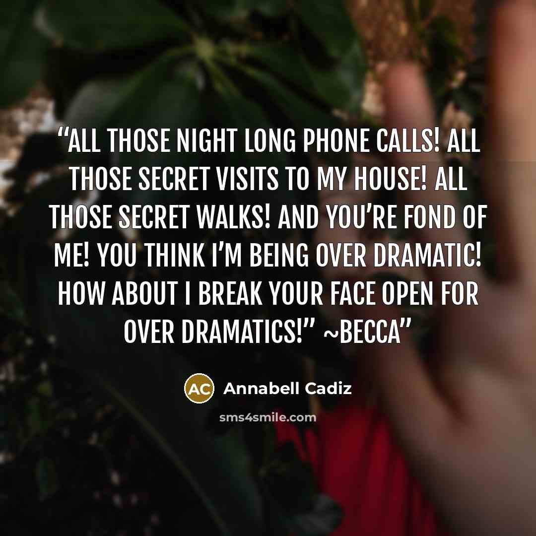 “All those night long phone calls! All those secret visits to my house! All those secret walks! And you’re fond of me! You think I’m being over dramatic! How about I break your face open for over dramatics!” ~Becca” quote by Annabell Cadiz