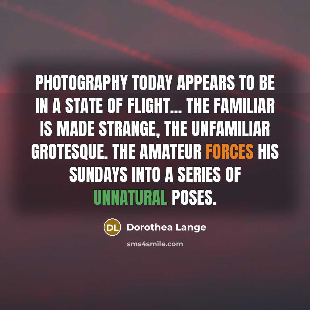 “Photography today appears to be in a state of flight... The familiar is made strange, the unfamiliar grotesque. The amateur forces his Sundays into a series of unnatural poses.” quote by Dorothea Lange
