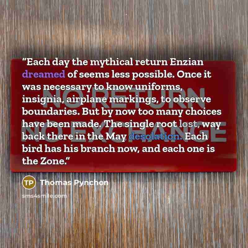 “Each day the mythical return Enzian dreamed of seems less possible. Once it was necessary to know uniforms, insignia, airplane markings, to observe boundaries. But by now too many choices have been made. The single root lost, way back there in the May desolation. Each bird has his branch now, and…” quote by Thomas Pynchon
