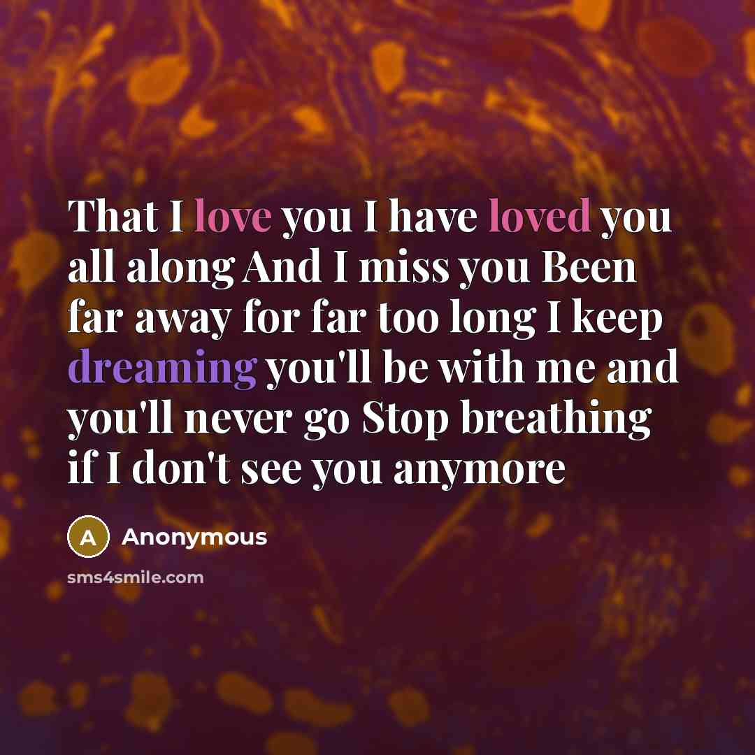 “That I love you I have loved you all along And I miss you Been far away for far too long I keep dreaming you'll be with me and you'll never go Stop breathing if I don't see you anymore” quote by Anonymous