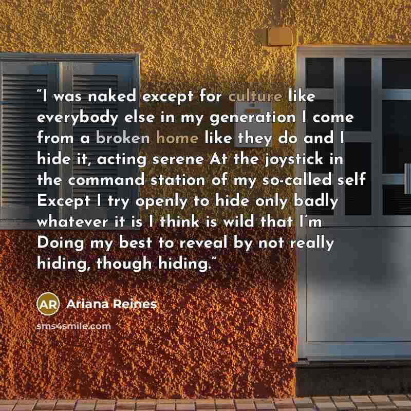 “I was naked except for culture like everybody else in my generation I come from a broken home like they do and I hide it, acting serene At the joystick in the command station of my so-called self Except I try openly to hide only badly whatever it is I think is wild that I’m Doing my best to reveal…” quote by Ariana Reines