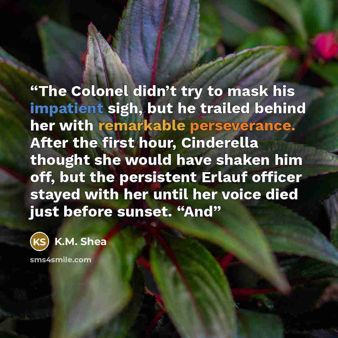 “The Colonel didn’t try to mask his impatient sigh, but he trailed behind her with remarkable perseverance. After the first hour, Cinderella thought she would have shaken him off, but the persistent Erlauf officer stayed with her until her voice died just before sunset. “And” quote by K.M. Shea