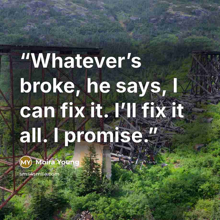 “Whatever’s broke, he says, I can fix it. I’ll fix it all. I promise.” quote by Moira Young