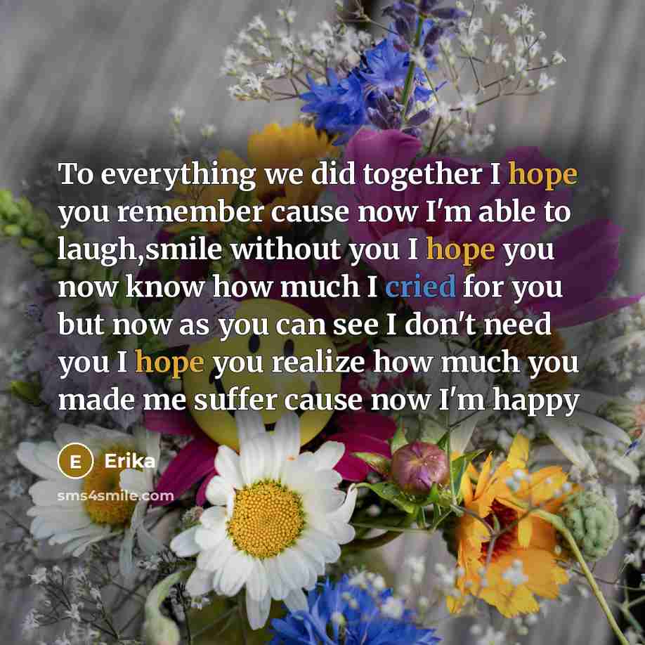 “To everything we did together I hope you remember cause now I'm able to laugh,smile without you I hope you now know how much I cried for you but now as you can see I don't need you I hope you realize how much you made me suffer cause now I'm happy” quote by Erika