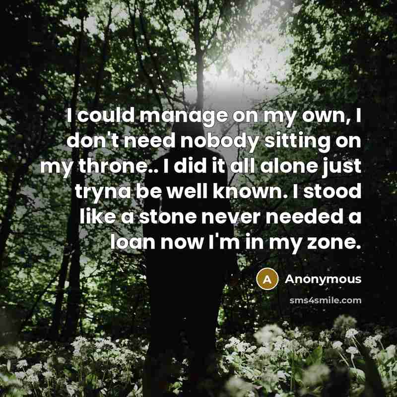 “I could manage on my own, I don't need nobody sitting on my throne.. I did it all alone just tryna be well known. I stood like a stone never needed a loan now I'm in my zone.” quote by Anonymous
