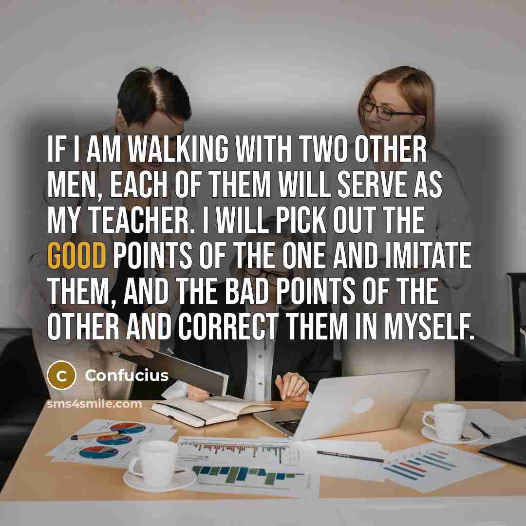 “If I am walking with two other men, each of them will serve as my teacher. I will pick out the good points of the one and imitate them, and the bad points of the other and correct them in myself.” quote by Confucius