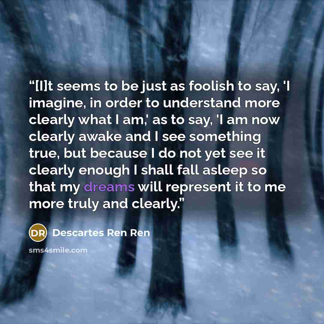 “[I]t seems to be just as foolish to say, 'I imagine, in order to understand more clearly what I am,' as to say, 'I am now clearly awake and I see something true, but because I do not yet see it clearly enough I shall fall asleep so that my dreams will represent it to me more truly and clearly.” quote by Descartes Ren Ren