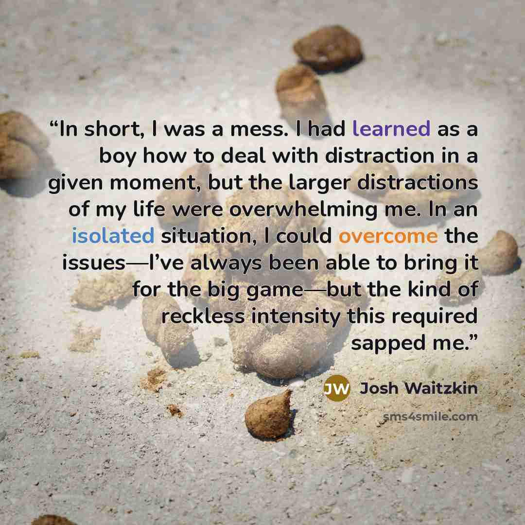 “In short, I was a mess. I had learned as a boy how to deal with distraction in a given moment, but the larger distractions of my life were overwhelming me. In an isolated situation, I could overcome the issues—I’ve always been able to bring it for the big game—but the kind of reckless intensity…” quote by Josh Waitzkin