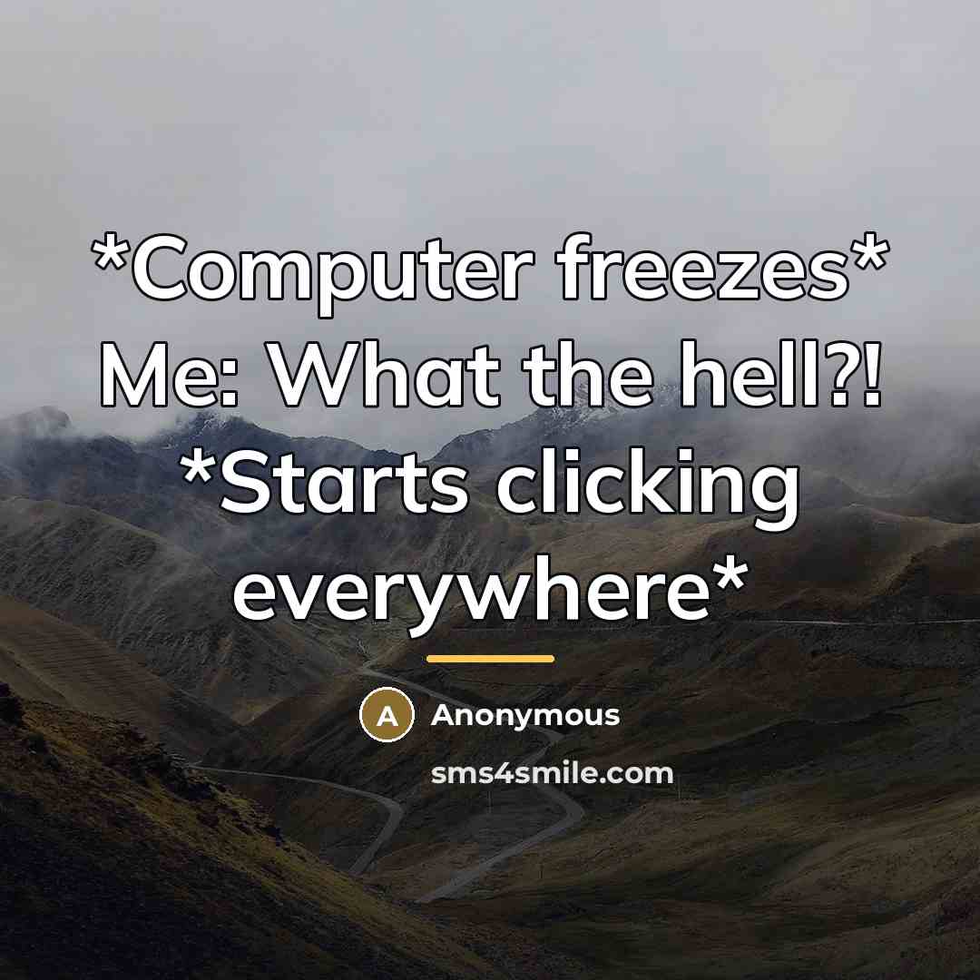 “*Computer freezes* Me: What the hell?! *Starts clicking everywhere*…” quote by Anonymous