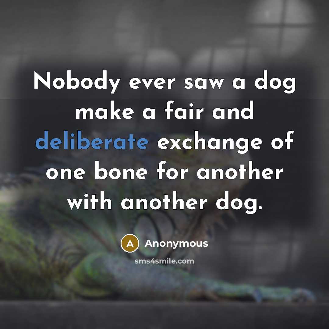“Nobody ever saw a dog make a fair and deliberate exchange of one bone for another with another dog.” quote by Anonymous