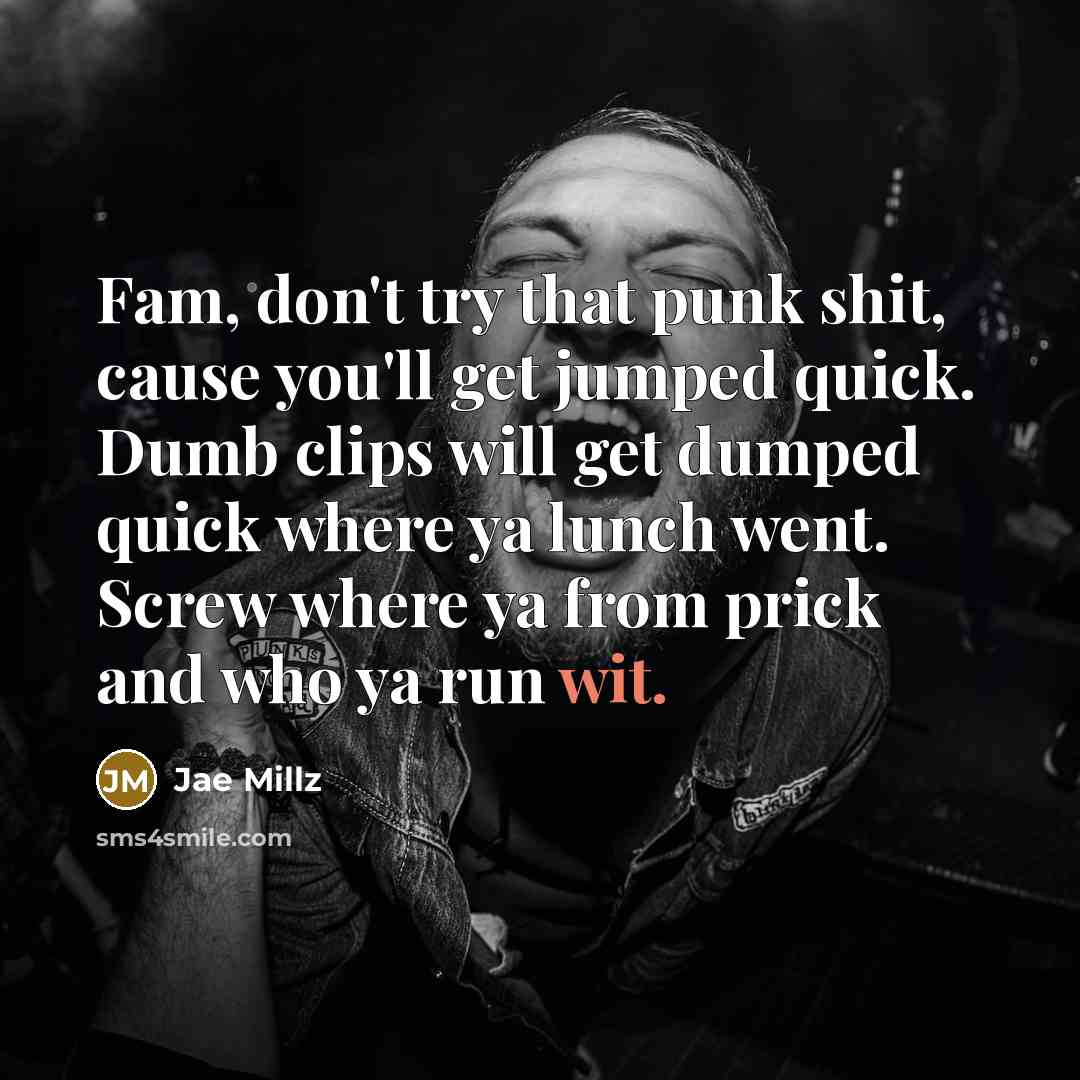 “Fam, don't try that punk shit, cause you'll get jumped…” quote by Jae Millz