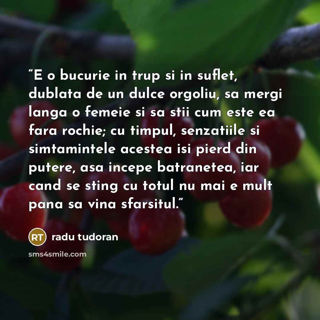 “E o bucurie in trup si in suflet, dublata de un dulce orgoliu, sa mergi langa o femeie si sa stii cum este ea fara rochie; cu timpul, senzatiile si simtamintele acestea isi pierd din putere, asa incepe batranetea, iar cand se sting cu totul nu mai e mult pana sa vina sfarsitul.” quote by Radu Tudoran