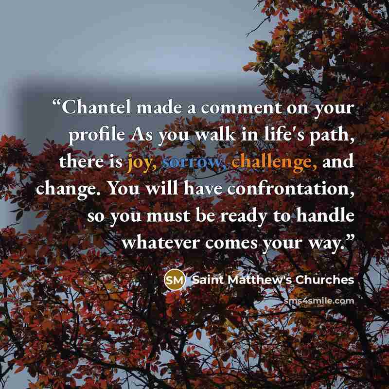 “Chantel made a comment on your profile As you walk in life's path, there is joy, sorrow, challenge, and change. You will have confrontation, so you must be ready to handle whatever comes your way.” quote by Saint Matthew's Churches