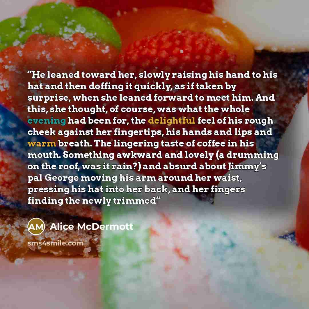 “He leaned toward her, slowly raising his hand to his hat and then doffing it quickly, as if taken by surprise, when she leaned forward to meet him. And this, she thought, of course, was what the whole evening had been for, the delightful feel of his rough cheek against her fingertips, his hands…” quote by Alice McDermott