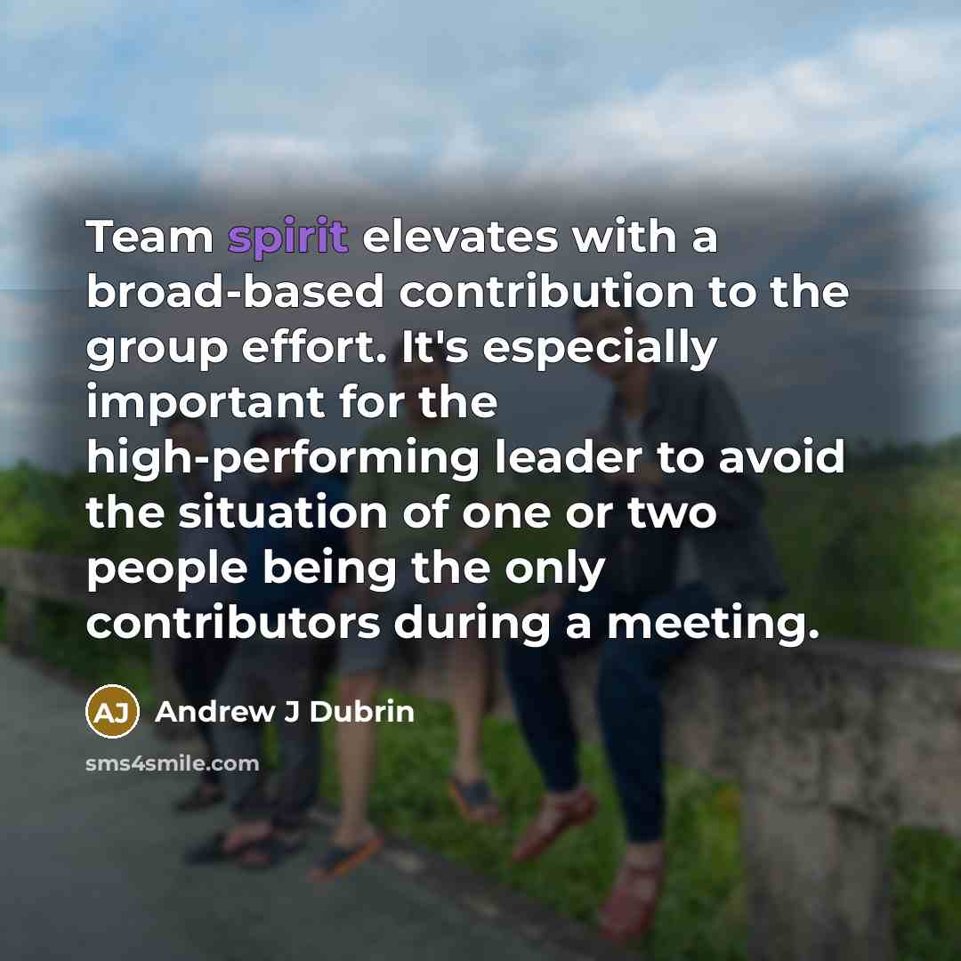 “Team spirit elevates with a broad-based contribution to the group effort. It's especially important for the high-performing leader to avoid the situation of one or two people being the only contributors during a meeting.” quote by Andrew J Dubrin
