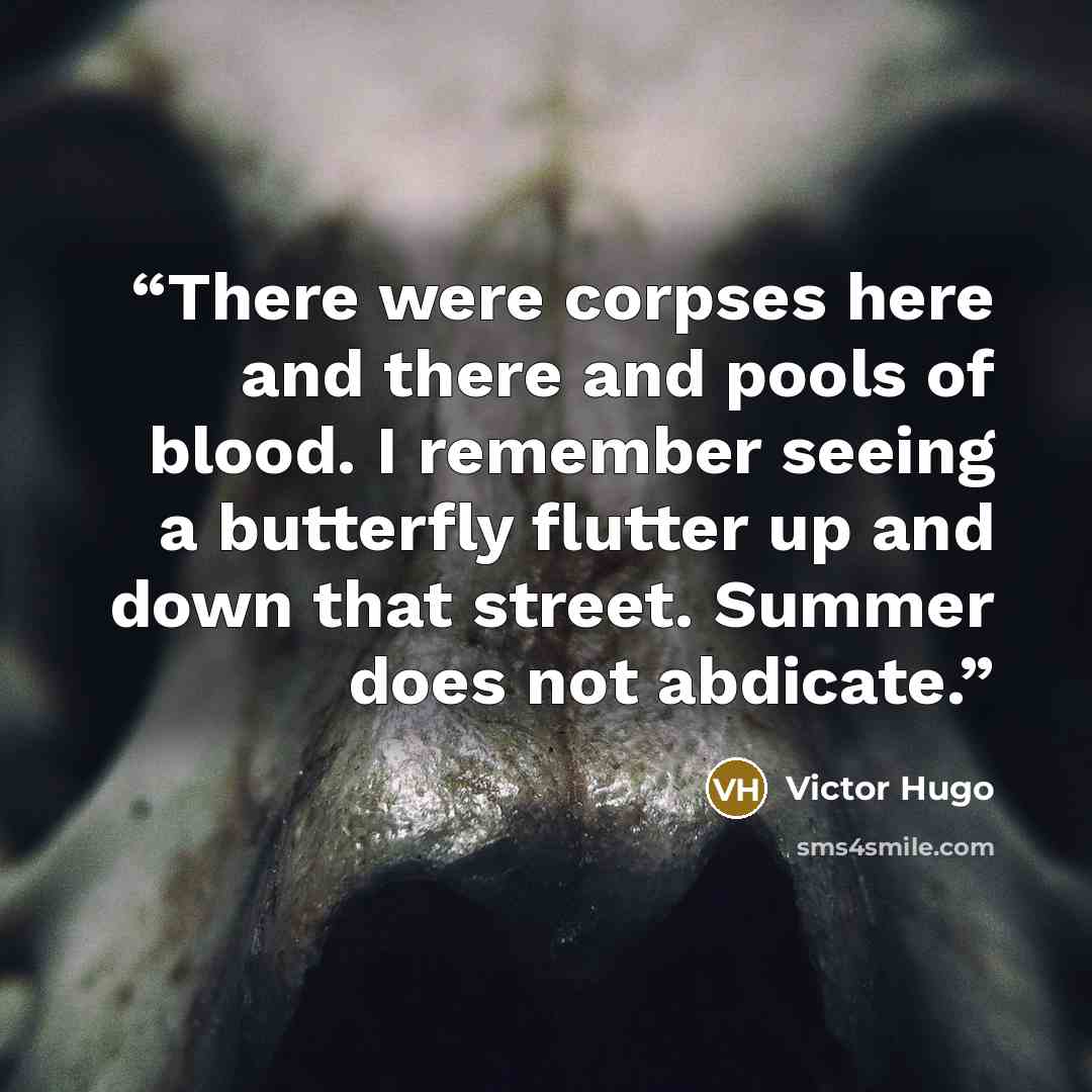 “There were corpses here and there and pools of blood. I remember seeing a butterfly flutter up and down that street. Summer does not abdicate.” quote by Victor Hugo