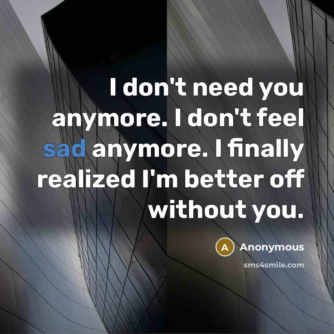 “I don't need you anymore. I don't feel sad anymore.…” quote by Anonymous