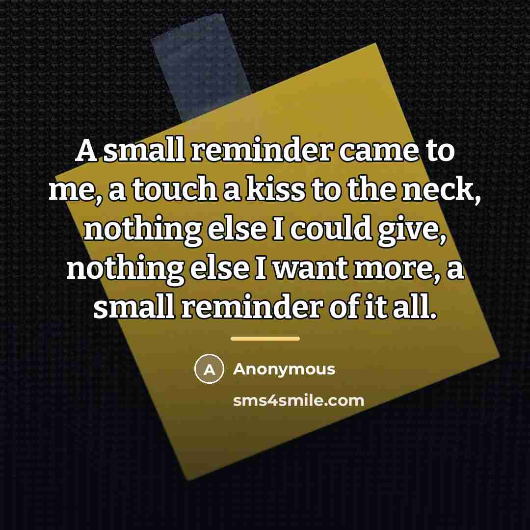 “A small reminder came to me, a touch a kiss to the neck, nothing else I could give, nothing else I want more, a small reminder of it all.” quote by Anonymous