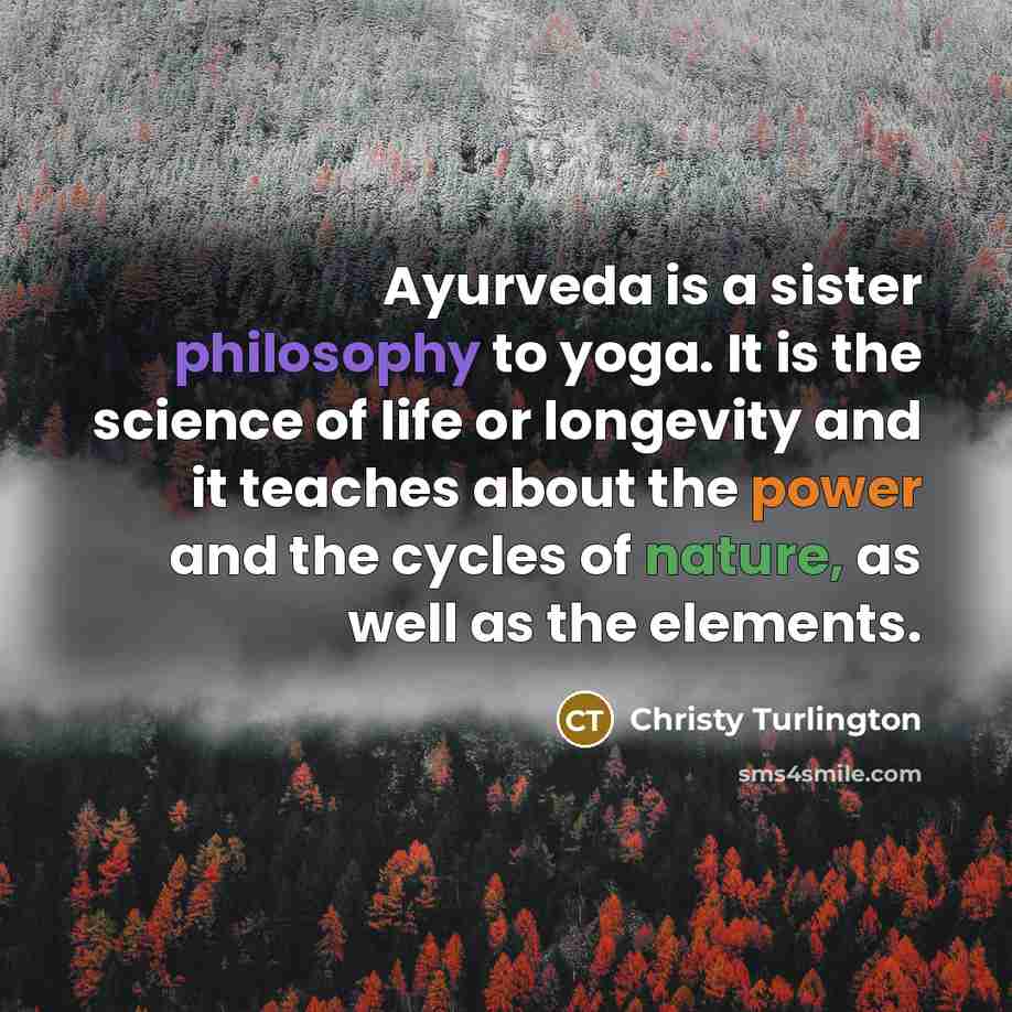 “Ayurveda is a sister philosophy to yoga. It is the science of life or longevity and it teaches about the power and the cycles of nature, as well as the elements.” quote by Christy Turlington