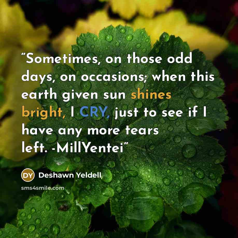 “Sometimes, on those odd days, on occasions; when this earth given sun shines bright, I CRY, just to see if I have any more tears left. -MillYentei” quote by Deshawn Yeldell