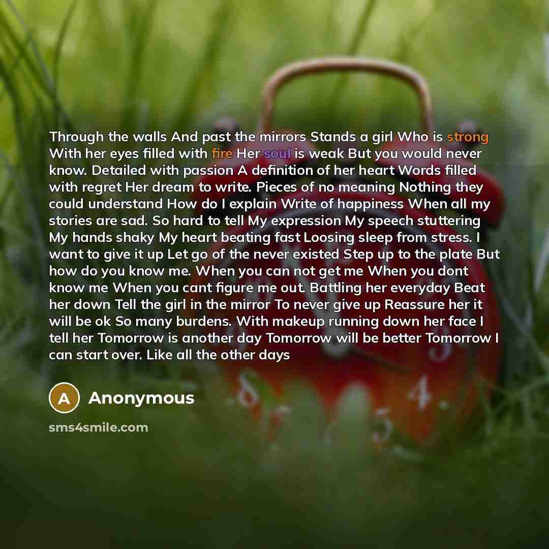 “Through the walls And past the mirrors Stands a girl Who is strong With her eyes filled with fire Her soul is weak But you would never know. Detailed with passion A definition of her heart Words filled with regret Her dream to write. Pieces of no meaning Nothing they could understand How do I…” quote by Anonymous