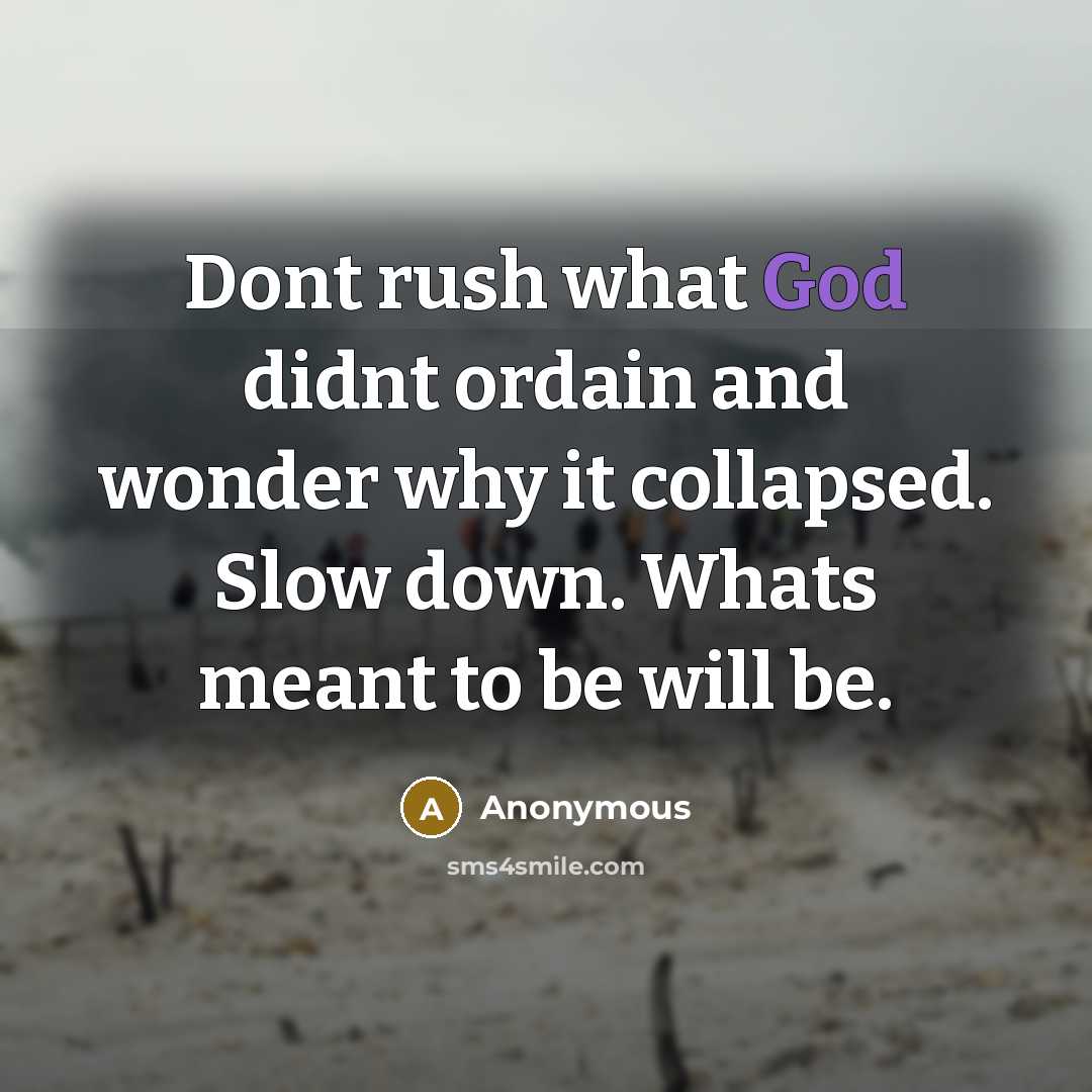 “Dont rush what God didnt ordain and wonder why it collapsed. Slow down. Whats meant to be will be.” quote by Anonymous