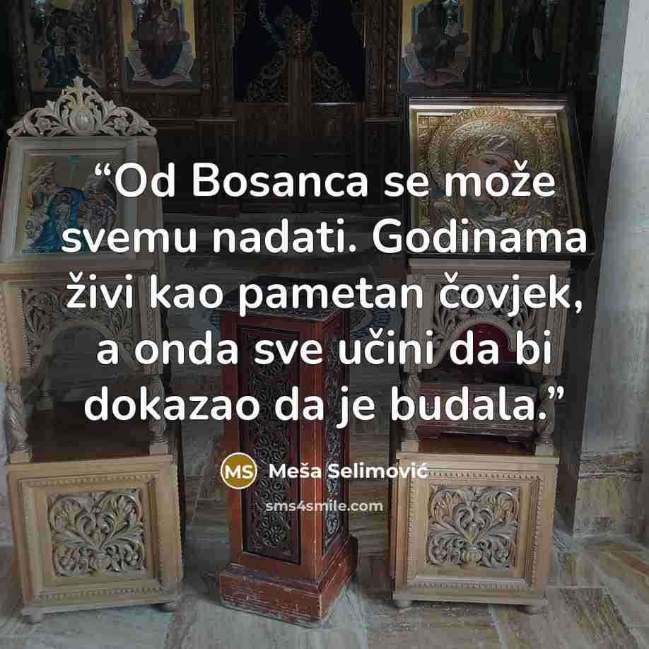 “Od Bosanca se može svemu nadati. Godinama živi kao pametan čovjek, a onda sve učini da bi dokazao da je budala.” quote by Meša Selimović