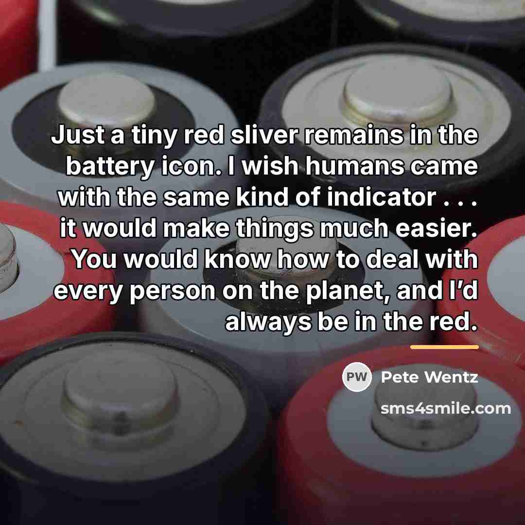 “Just a tiny red sliver remains in the battery icon.…” quote by Pete Wentz